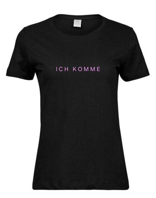 ICH KOMME naisten musta ladyfit t-paita, glitterpainatus, punainen, pinkkin tai kulta. Pienehkö malli.